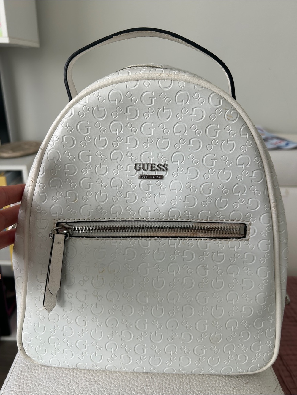 GUESS White Embossed Logo Mini Backpack with Silver Hardware